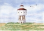 Preview: Postkarte DIN-A6  Aquarell Maritim Kunst Druck Kunstdruck Nordsee Insel Langeoog Wasserturm Leuchtturm